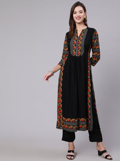 Rayon Calf Length Printed Semi Flared 3/4 Sleeve Collar Neck Kurta
