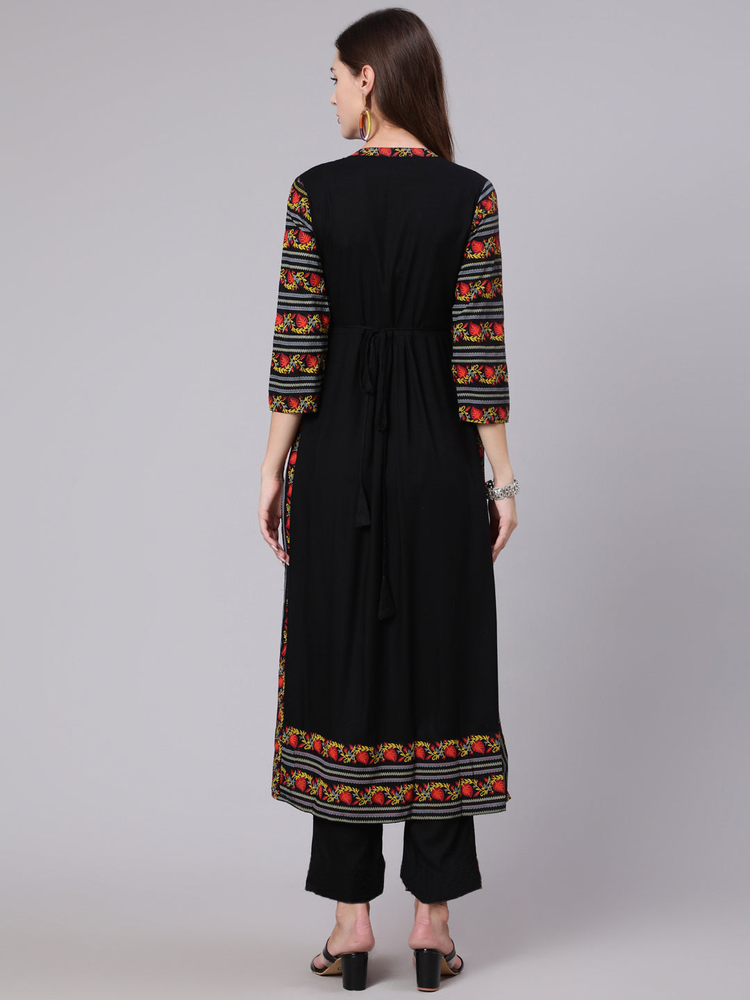 Rayon Calf Length Printed Semi Flared 3/4 Sleeve Collar Neck Kurta
