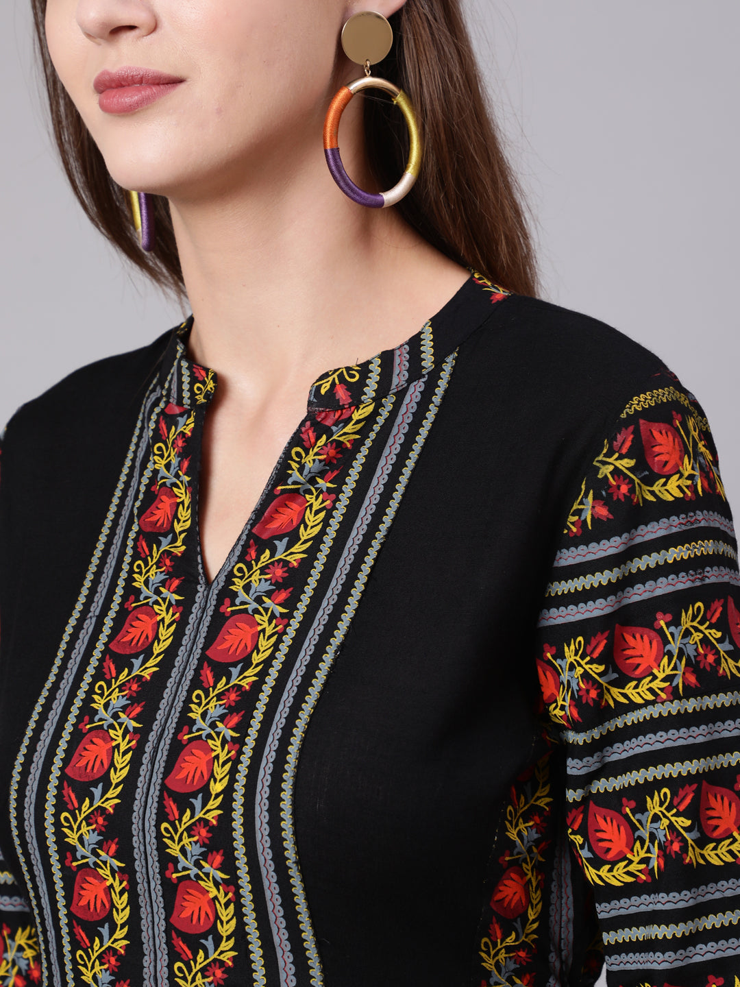 Rayon Calf Length Printed Semi Flared 3/4 Sleeve Collar Neck Kurta