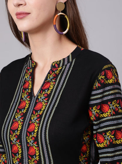 Rayon Calf Length Printed Semi Flared 3/4 Sleeve Collar Neck Kurta