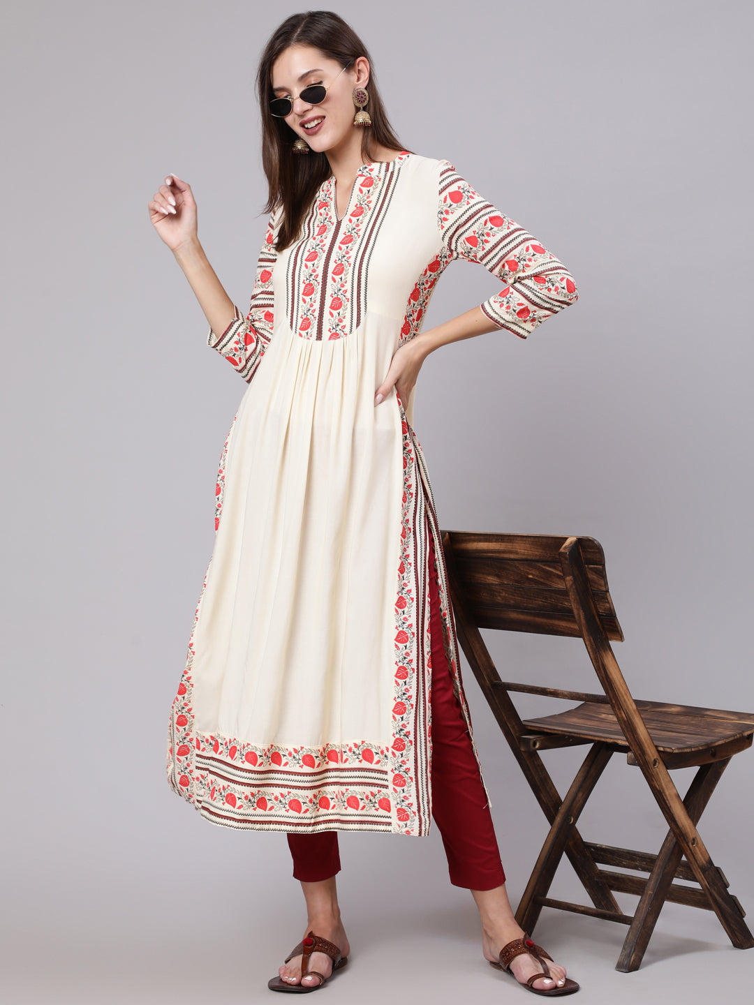 Rayon Calf Length Printed Semi Flared 3/4 Sleeve Collar Neck Kurta