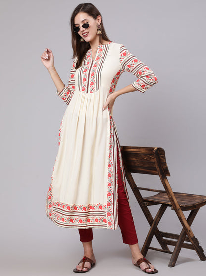 Rayon Calf Length Printed Semi Flared 3/4 Sleeve Collar Neck Kurta