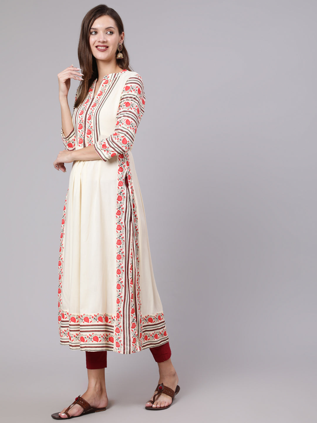 Rayon Calf Length Printed Semi Flared 3/4 Sleeve Collar Neck Kurta