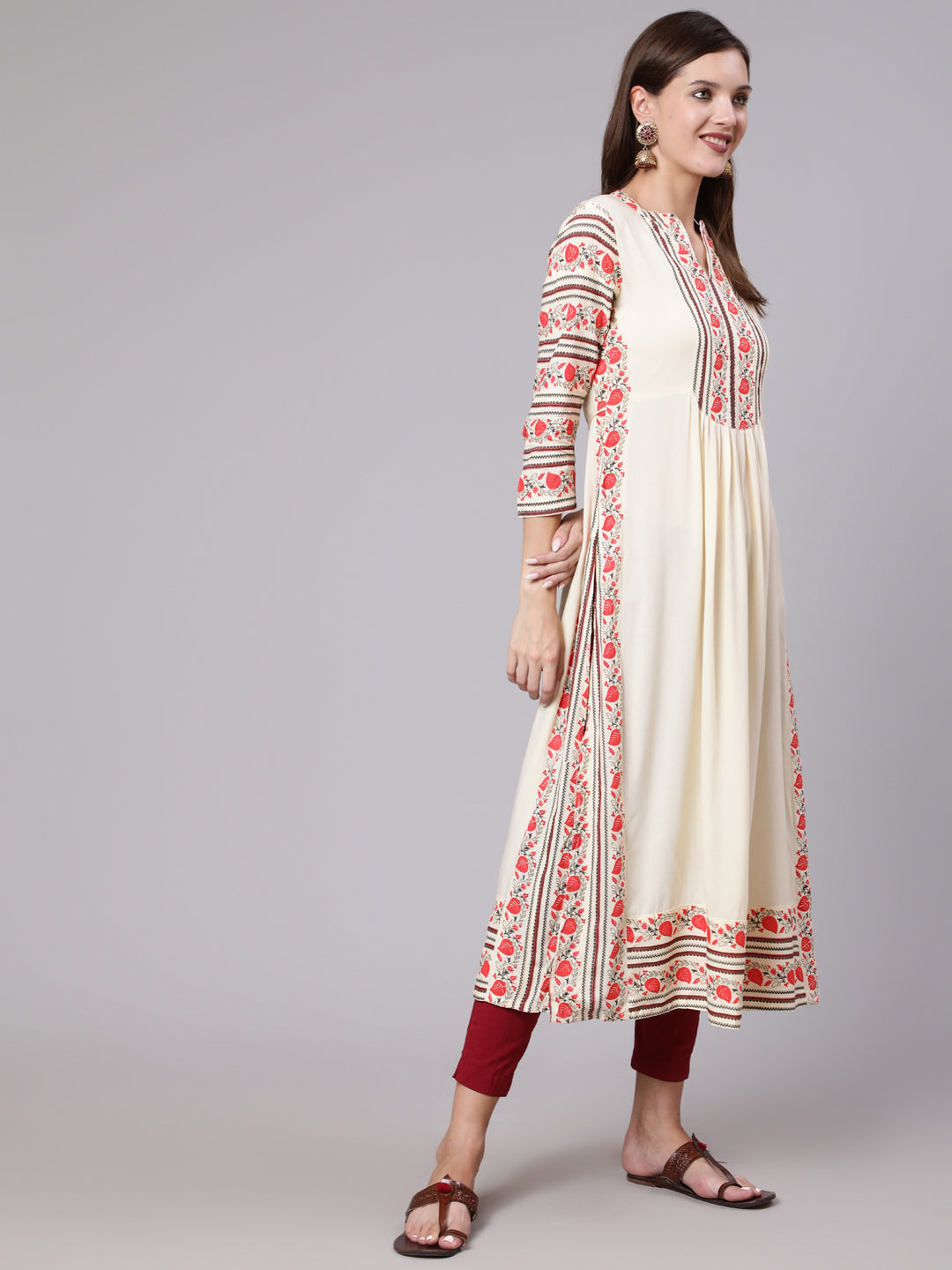 Rayon Calf Length Printed Semi Flared 3/4 Sleeve Collar Neck Kurta