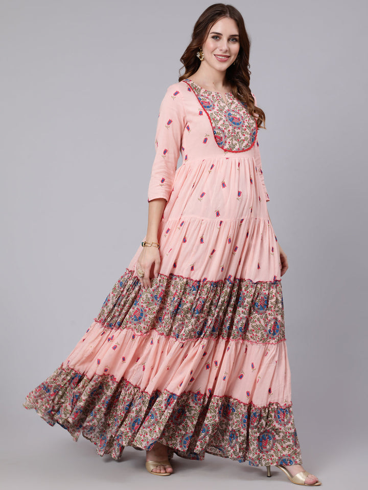 Cotton Full Length Printed Tired 3/4 Sleeve Round Neck Kurta