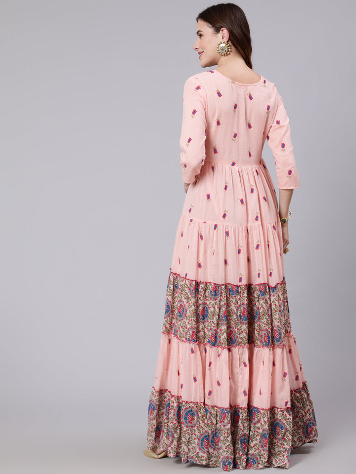 Cotton Full Length Printed Tired 3/4 Sleeve Round Neck Kurta