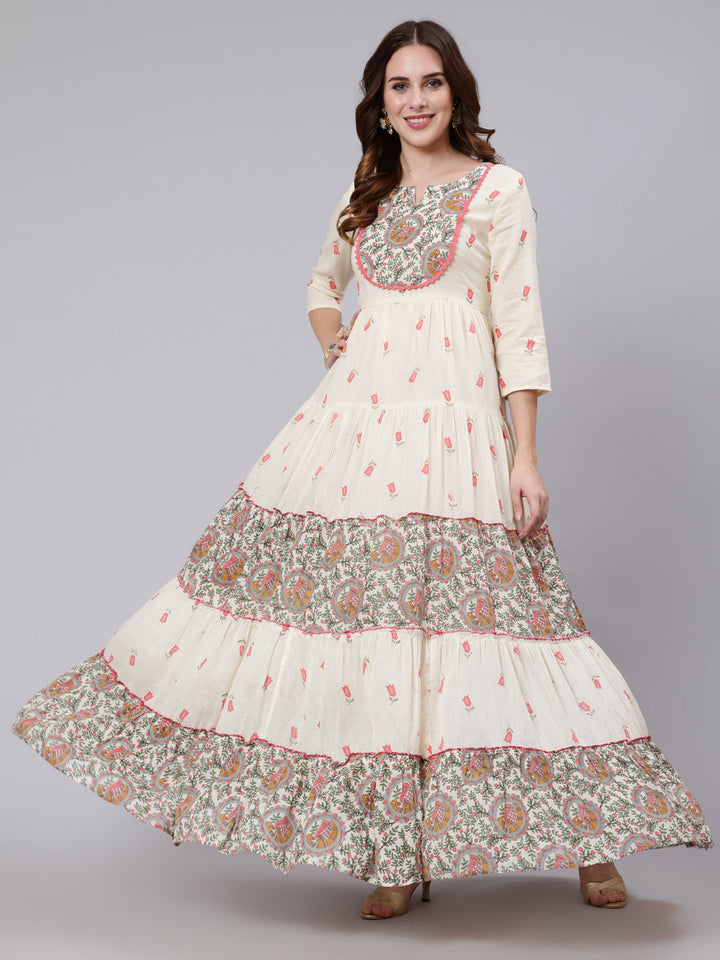 Cotton Full Length Printed Tired 3/4 Sleeve Round Neck Kurta
