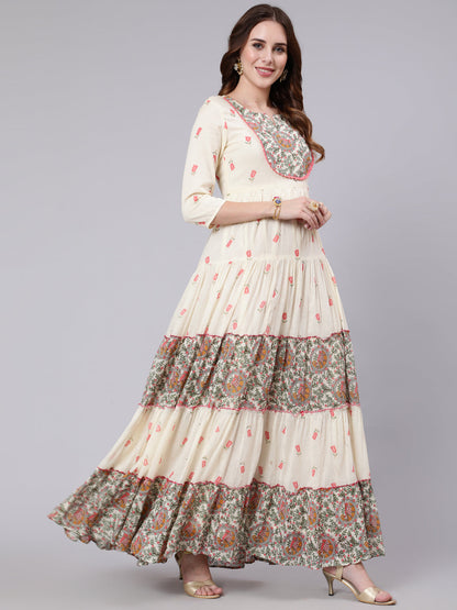 Cotton Full Length Printed Tired 3/4 Sleeve Round Neck Kurta