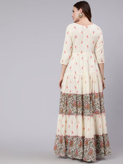 Cotton Full Length Printed Tired 3/4 Sleeve Round Neck Kurta