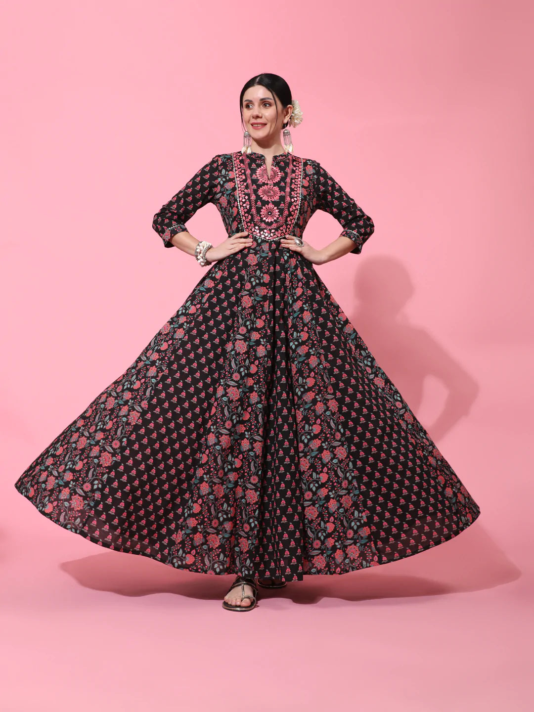 Cotton Full Length Printed Flared 3/4 Sleeve Collar Neck Kurta