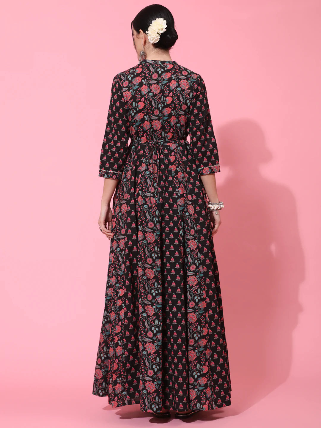 Cotton Full Length Printed Flared 3/4 Sleeve Collar Neck Kurta