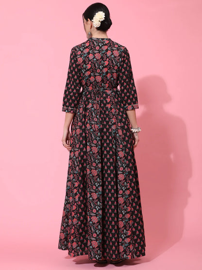 Cotton Full Length Printed Flared 3/4 Sleeve Collar Neck Kurta