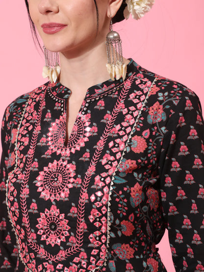 Cotton Full Length Printed Flared 3/4 Sleeve Collar Neck Kurta