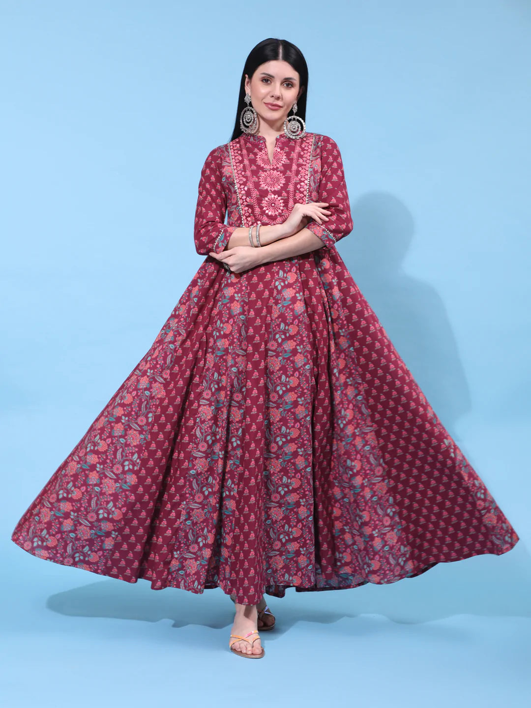 Cotton Full Length Printed Flared 3/4 Sleeve Collar Neck Kurta