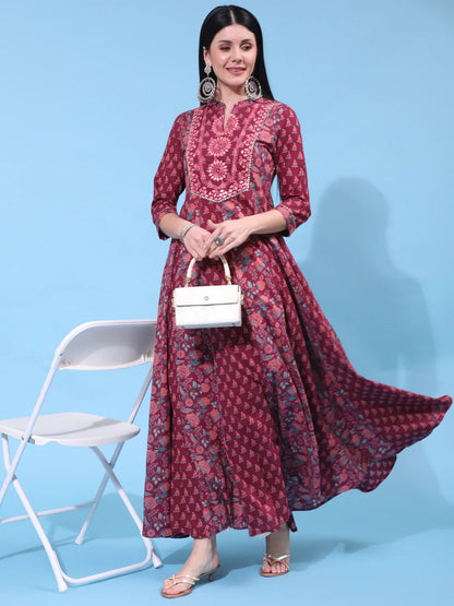 Cotton Full Length Printed Flared 3/4 Sleeve Collar Neck Kurta