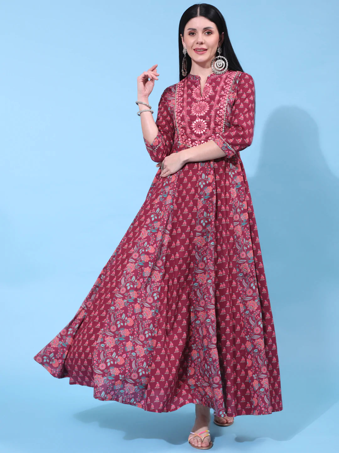 Cotton Full Length Printed Flared 3/4 Sleeve Collar Neck Kurta