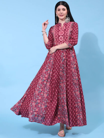 Cotton Full Length Printed Flared 3/4 Sleeve Collar Neck Kurta