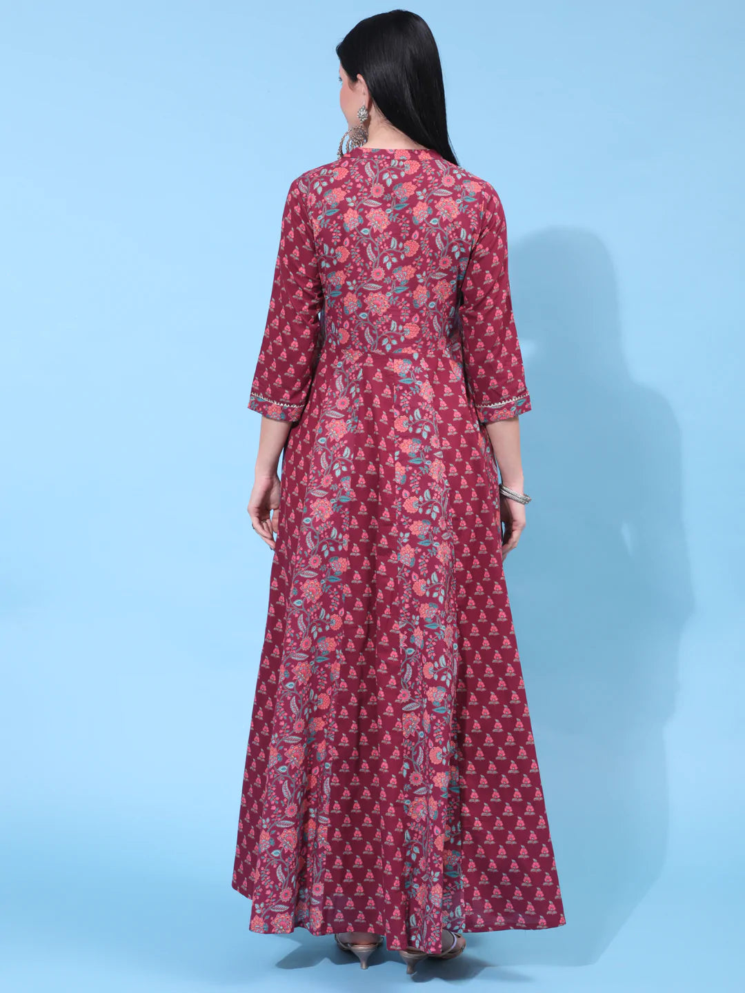 Cotton Full Length Printed Flared 3/4 Sleeve Collar Neck Kurta