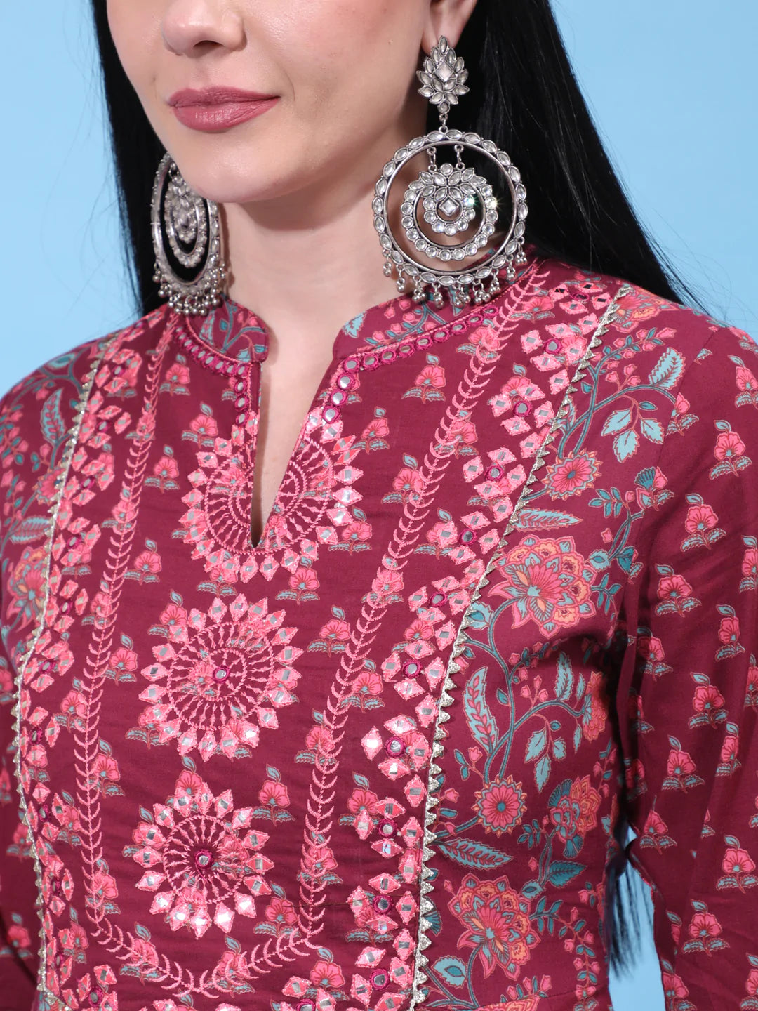Cotton Full Length Printed Flared 3/4 Sleeve Collar Neck Kurta
