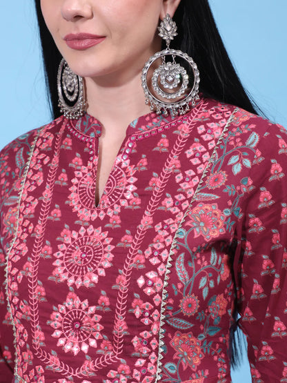 Cotton Full Length Printed Flared 3/4 Sleeve Collar Neck Kurta