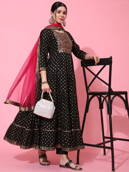 Rayon Ankle Length Printed Flared 3/4 Sleeve Round Neck Kurta Dupatta Set