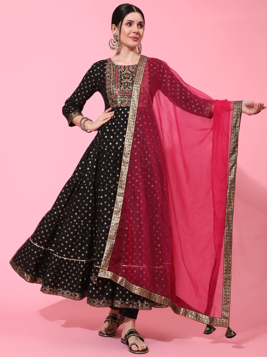 Rayon Ankle Length Printed Flared 3/4 Sleeve Round Neck Kurta Dupatta Set