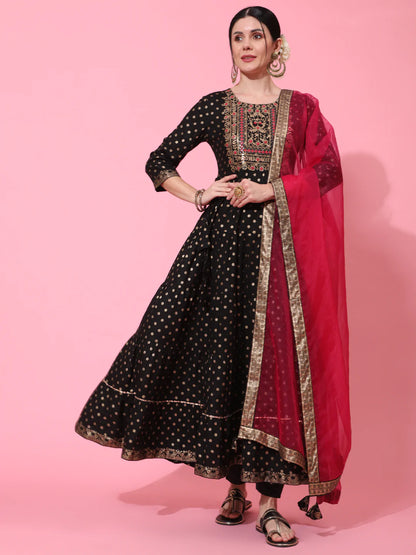 Rayon Ankle Length Printed Flared 3/4 Sleeve Round Neck Kurta Dupatta Set