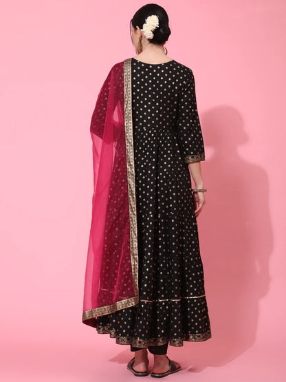 Rayon Ankle Length Printed Flared 3/4 Sleeve Round Neck Kurta Dupatta Set