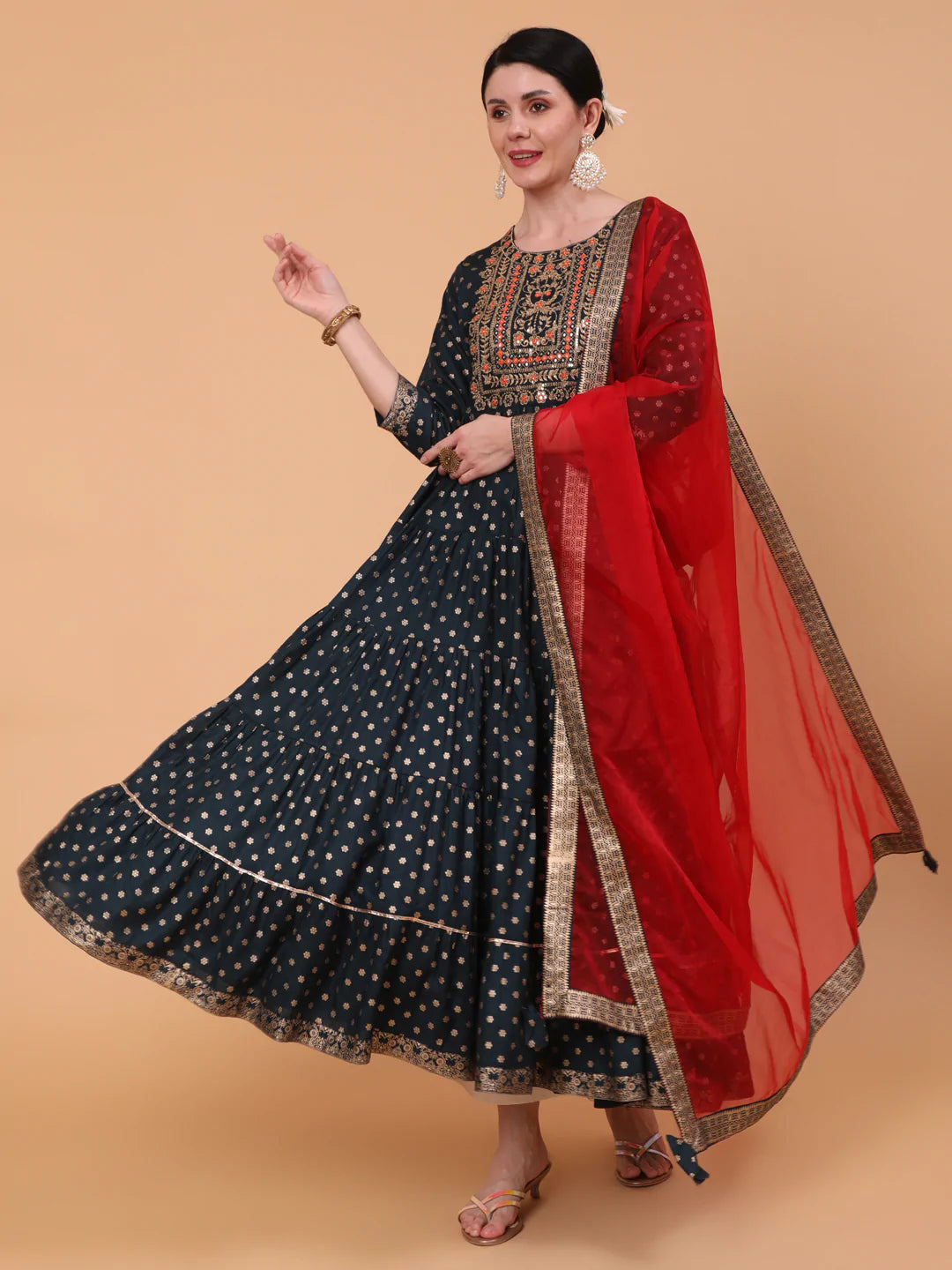 Rayon Ankle Length Printed Flared 3/4 Sleeve Round Neck Kurta Dupatta Set