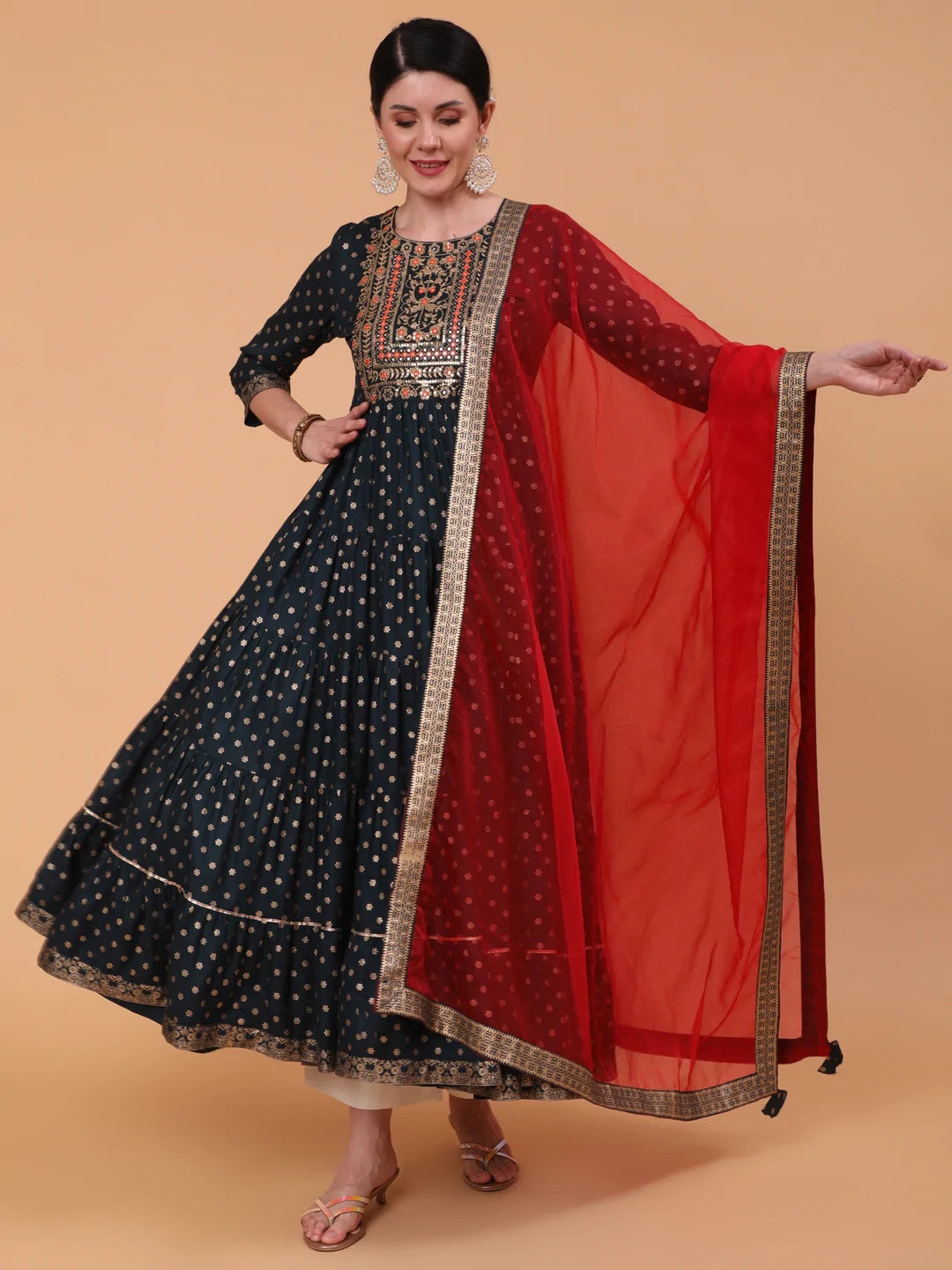 Rayon Ankle Length Printed Flared 3/4 Sleeve Round Neck Kurta Dupatta Set