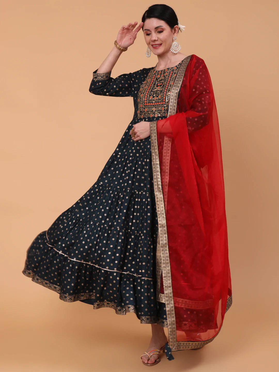 Rayon Ankle Length Printed Flared 3/4 Sleeve Round Neck Kurta Dupatta Set