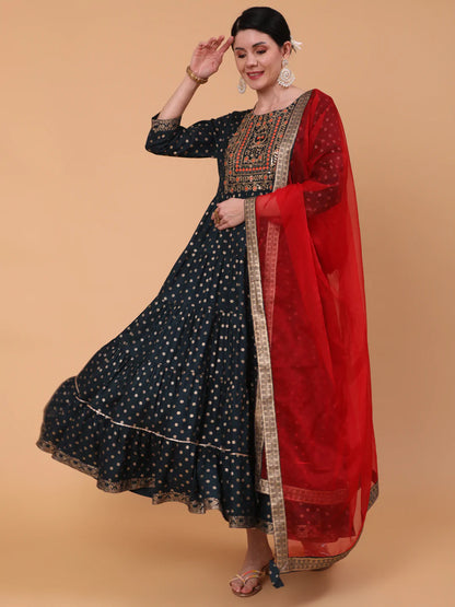 Rayon Ankle Length Printed Flared 3/4 Sleeve Round Neck Kurta Dupatta Set