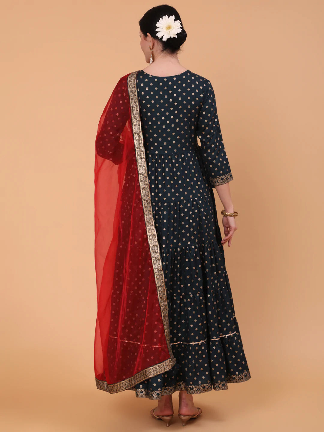 Rayon Ankle Length Printed Flared 3/4 Sleeve Round Neck Kurta Dupatta Set