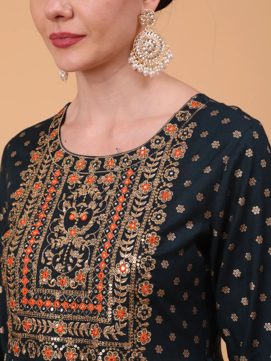Rayon Ankle Length Printed Flared 3/4 Sleeve Round Neck Kurta Dupatta Set