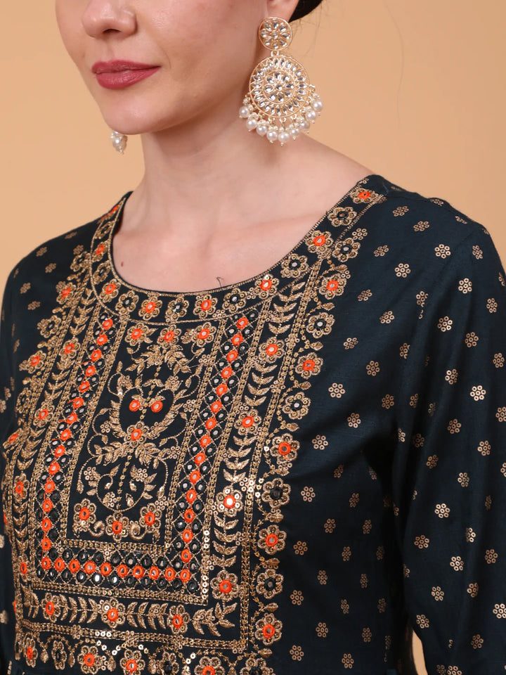 Rayon Ankle Length Printed Flared 3/4 Sleeve Round Neck Kurta Dupatta Set