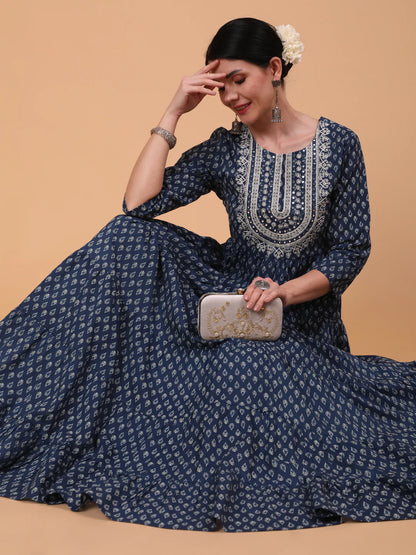 Cotton Full Length Printed Flared 3/4 Sleeve Round Neck Kurta