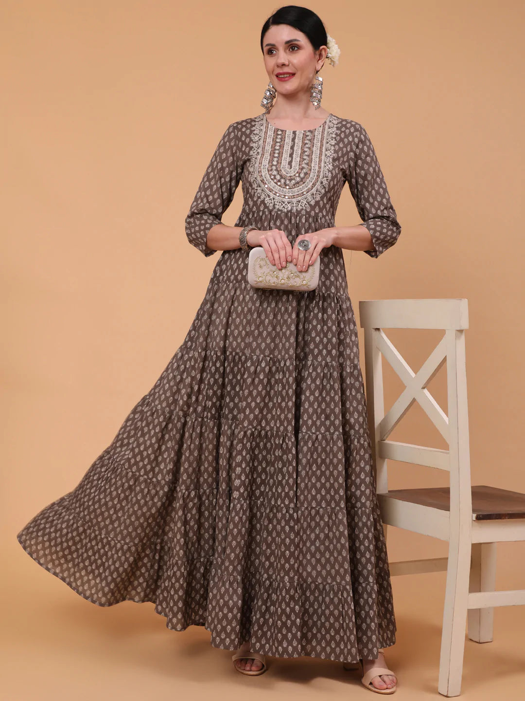 Cotton Full Length Printed Flared 3/4 Sleeve Round Neck Kurta