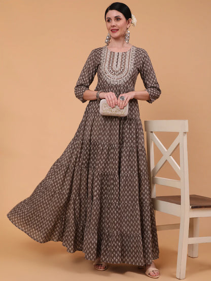 Cotton Full Length Printed Flared 3/4 Sleeve Round Neck Kurta