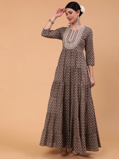 Cotton Full Length Printed Flared 3/4 Sleeve Round Neck Kurta