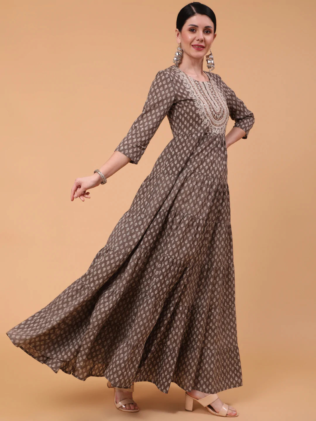 Cotton Full Length Printed Flared 3/4 Sleeve Round Neck Kurta
