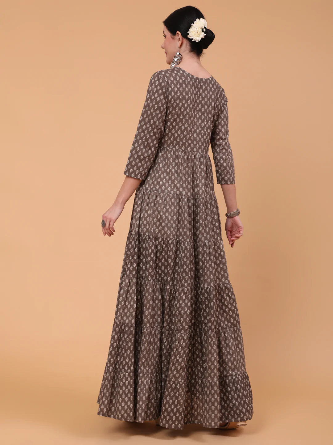 Cotton Full Length Printed Flared 3/4 Sleeve Round Neck Kurta