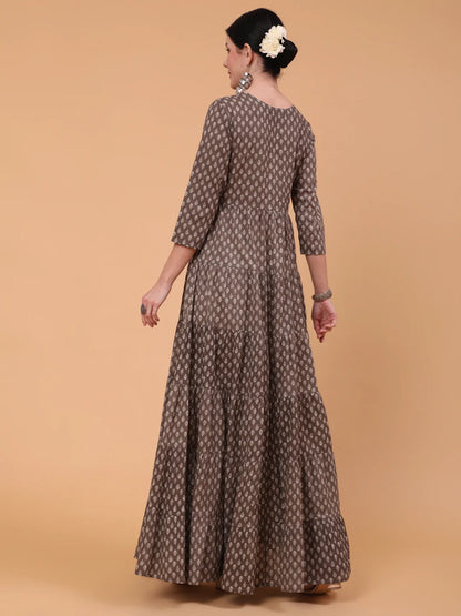 Cotton Full Length Printed Flared 3/4 Sleeve Round Neck Kurta