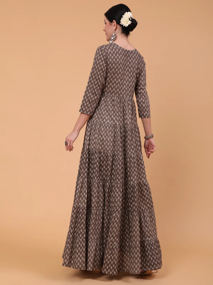 Cotton Full Length Printed Flared 3/4 Sleeve Round Neck Kurta