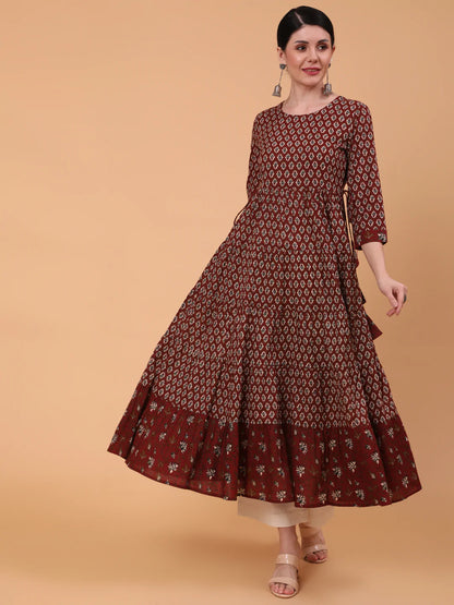 Cotton Calf Length Printed Flared 3/4 Sleeve Round Neck Kurta