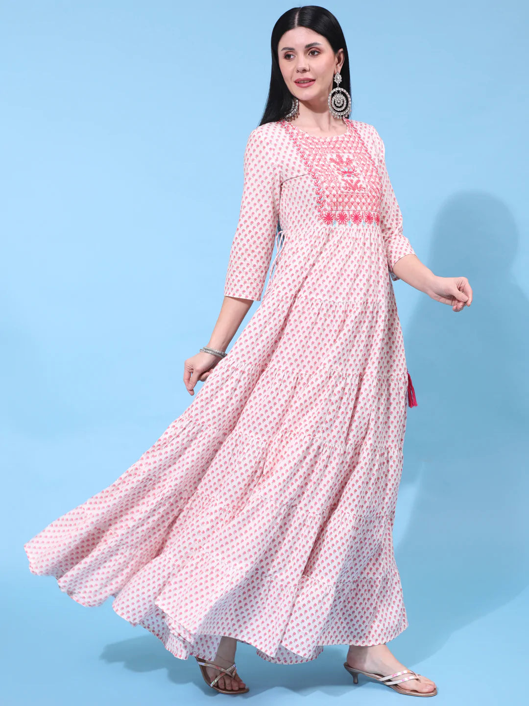 Cotton Full Length Printed Flared 3/4 Sleeve Round Neck Kurta