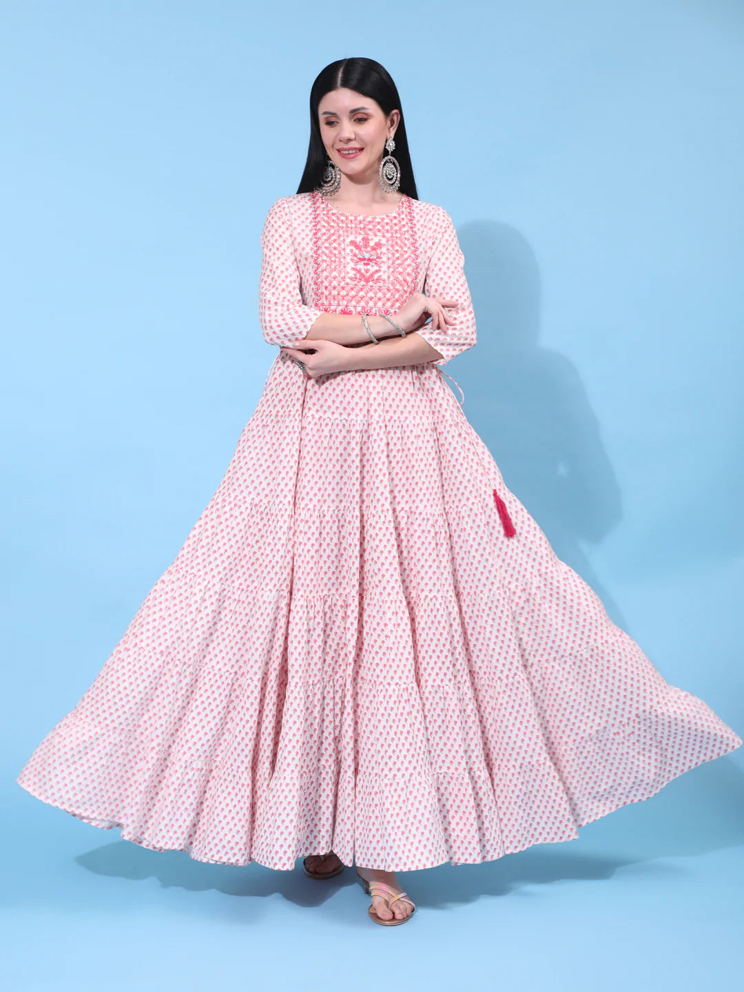 Cotton Full Length Printed Flared 3/4 Sleeve Round Neck Kurta