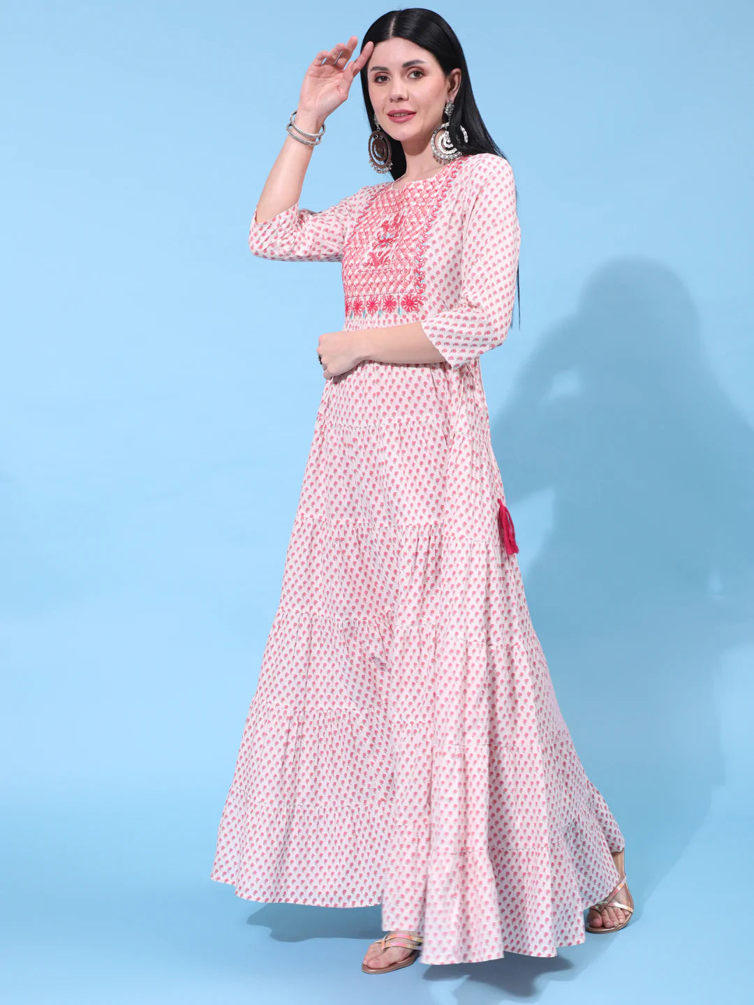 Cotton Full Length Printed Flared 3/4 Sleeve Round Neck Kurta