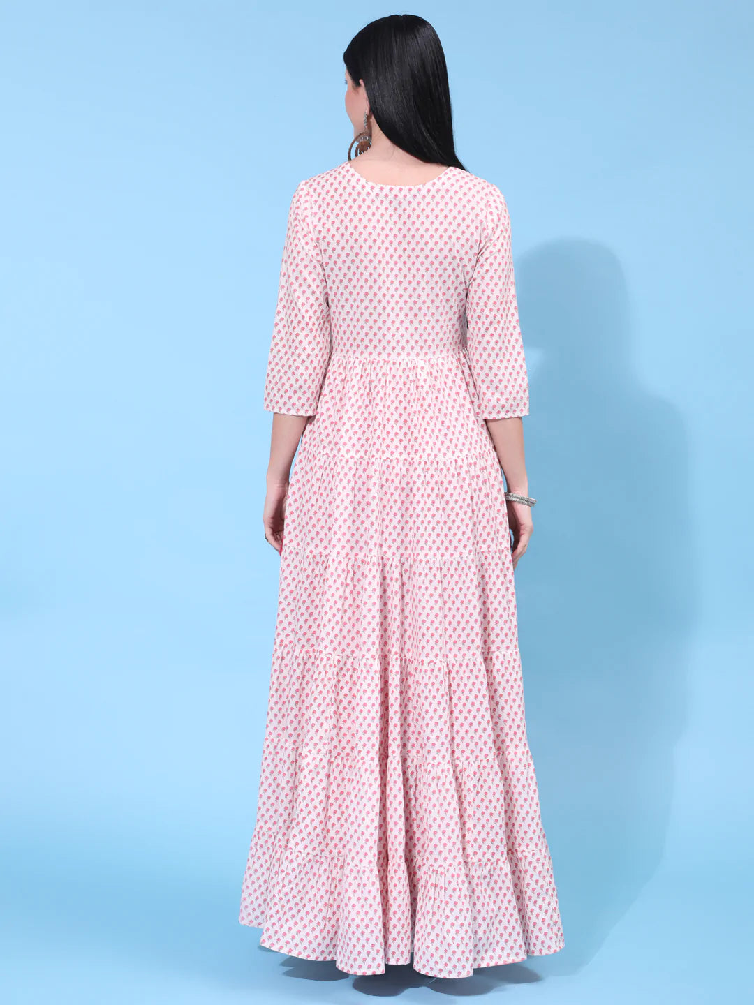 Cotton Full Length Printed Flared 3/4 Sleeve Round Neck Kurta