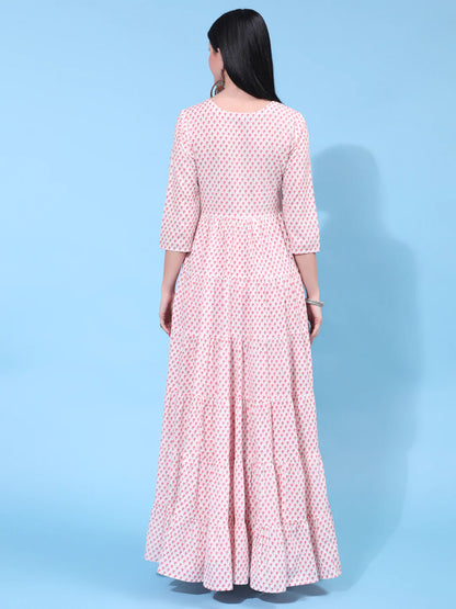 Cotton Full Length Printed Flared 3/4 Sleeve Round Neck Kurta