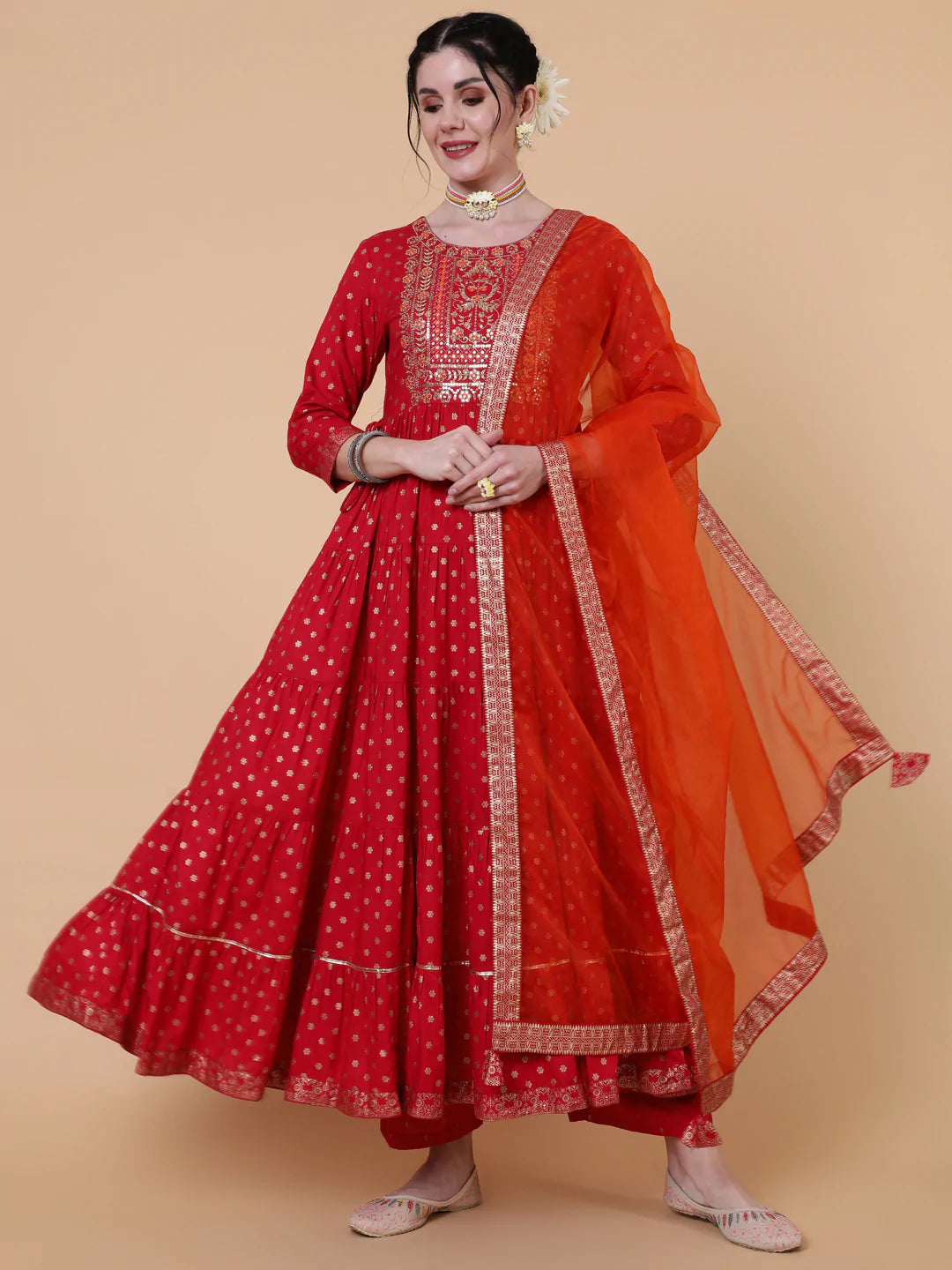 Rayon Ankle Length Flared 3/4 Sleeve Printed Round Neck Kurta Dupatta Set